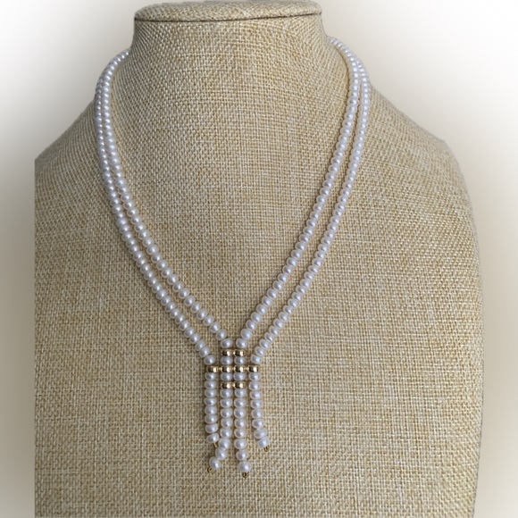 Stamped 14K Gold Genuine Freshwater Cultured Pearl Lariat Necklace